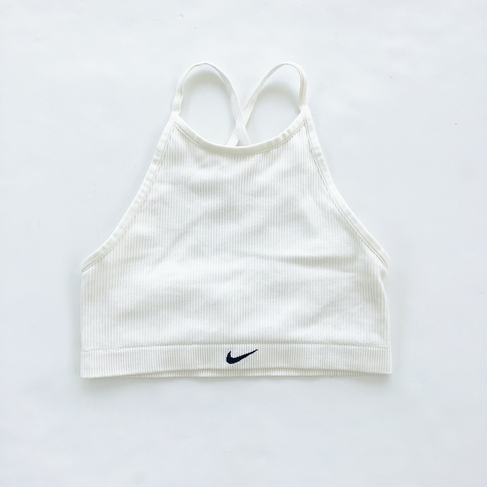 Nike Ribbed Off White Cropped Sports Tank with Navy Swoosh